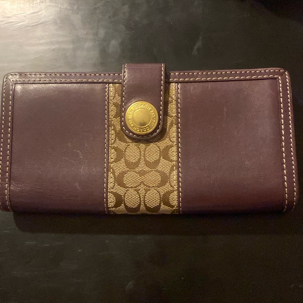 Coach Vintage Burgundy large canvas and leather Signature Wallet with Gold Snap